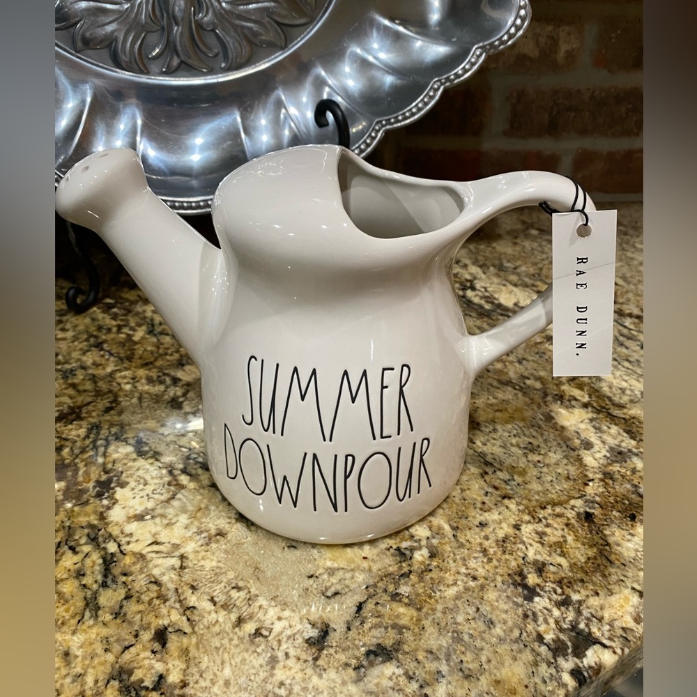 Rae Dunn SUMMER DOWNPOUR double sided ceramic watering can - rainbow 🌈 on back